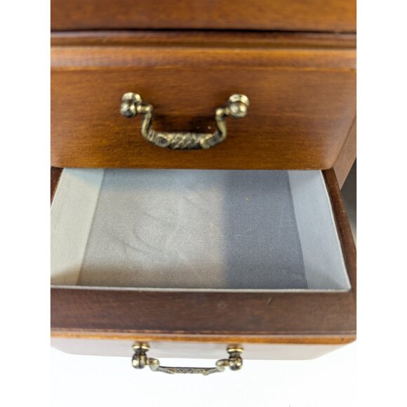 Vintage Large Wood Jewelry Armoire 2 Glass Doors, Mirrors, 4 Drawers Velvet 15" - Picture 9 of 13